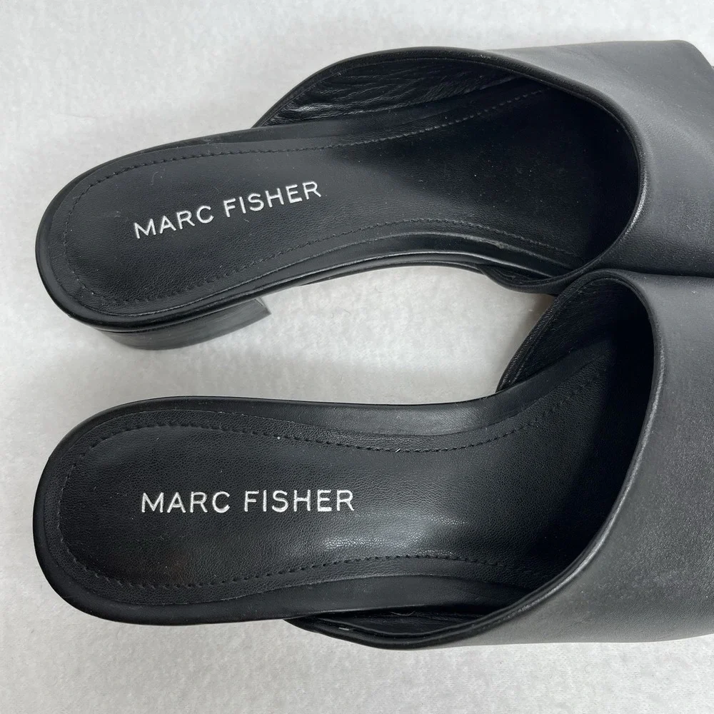 Marc Fisher Leather Slides Sandals Black Women's 6 Luxury Resort Boho Casual